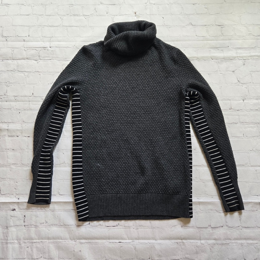 Athleta Womens Merino Wool Turtleneck Sweater Gray Striped Popcorn Knit Large